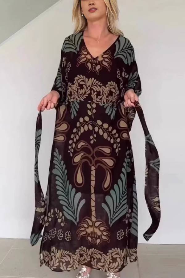 Boho Palm Print V-Neck Tie Waist Flare Sleeve Maxi Dress
