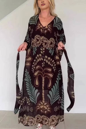 Boho Palm Print V-Neck Tie Waist Flare Sleeve Maxi Dress