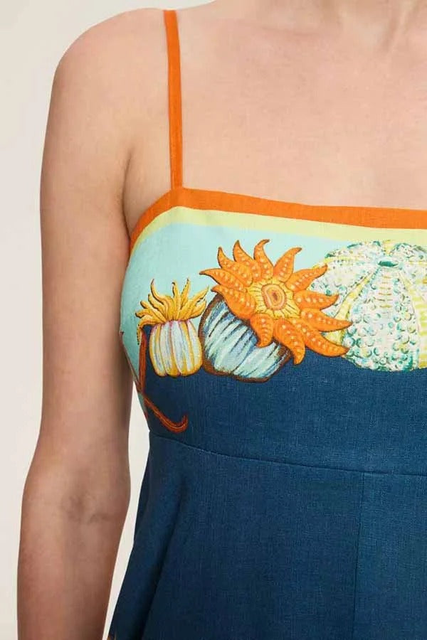 Linen Blend Unique Print Suspenders Back Pleated Pocket Resort Style Maxi Dress