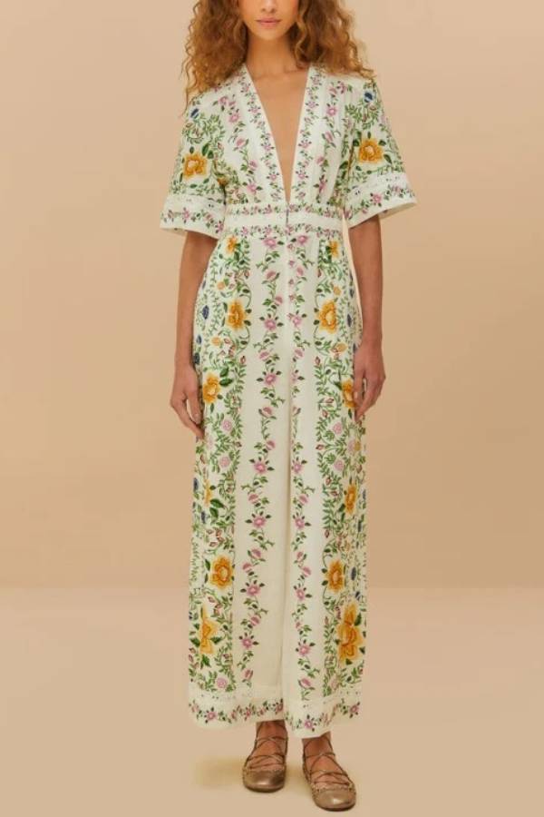 Natural Charm Linen Blend Floral Print Short Sleeve Pocketed Wide Leg Jumpsuit