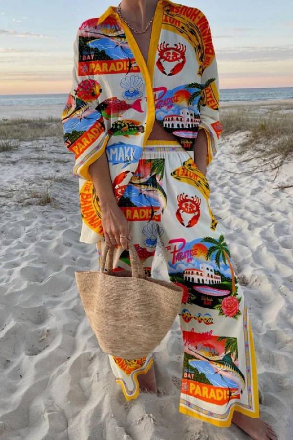 Tropical Print Shirt & Wide Leg Pants Two Piece Set