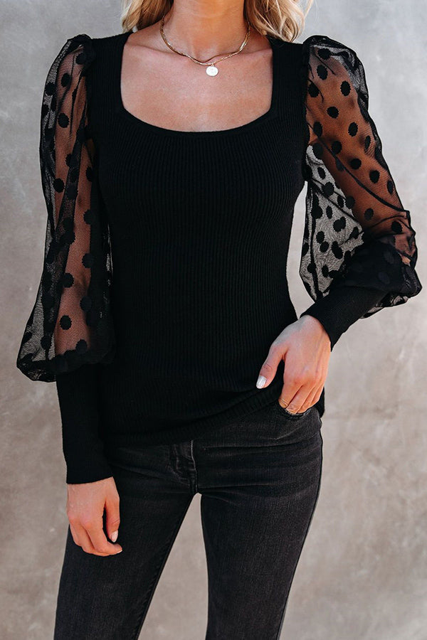 LET'S GO LIGHT DOTTED UP SHEER LONG SLEEVE TOP Black
