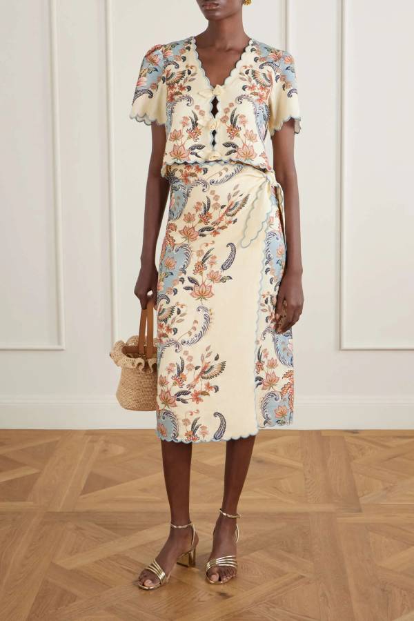 Vintage Chinoiserie Print Two-Piece Set – Scalloped Edge Frog-Closure Top & Wrap Midi Skirt