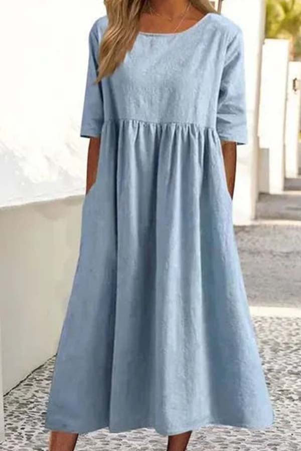 Summer Hot Sale -Round neck pocket halter cotton dress Blue