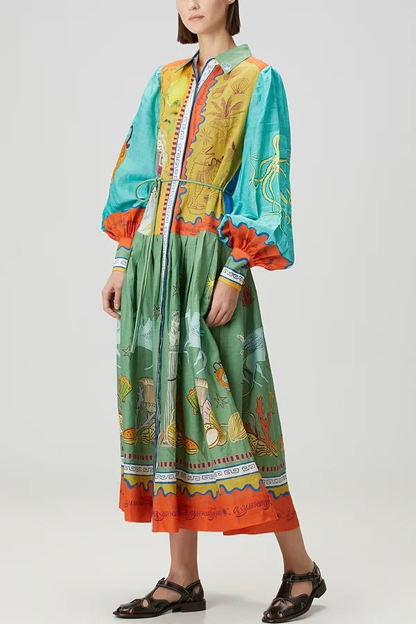 Puts A Smile Unique Print Lapel Lantern Sleeve Waist Tie Midi Dress