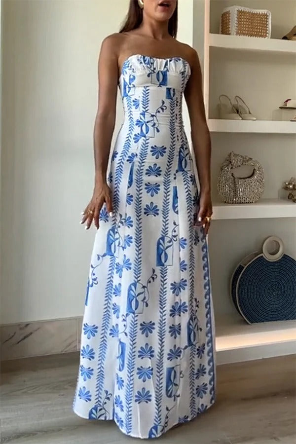 Freya Linen Blend Floral Wave Print Ruched Bust Strapless Maxi Dress Blue