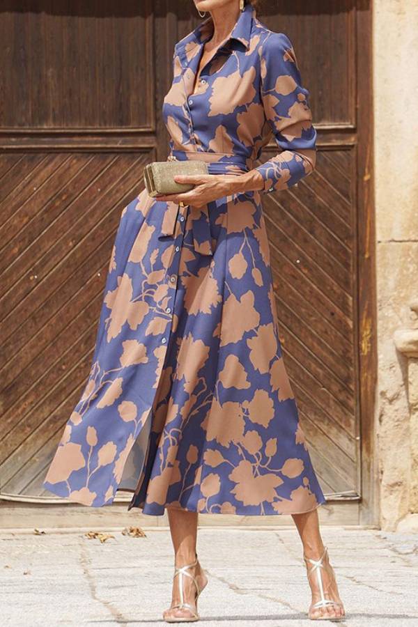 Floral print shirt collar fitted waist midi dress