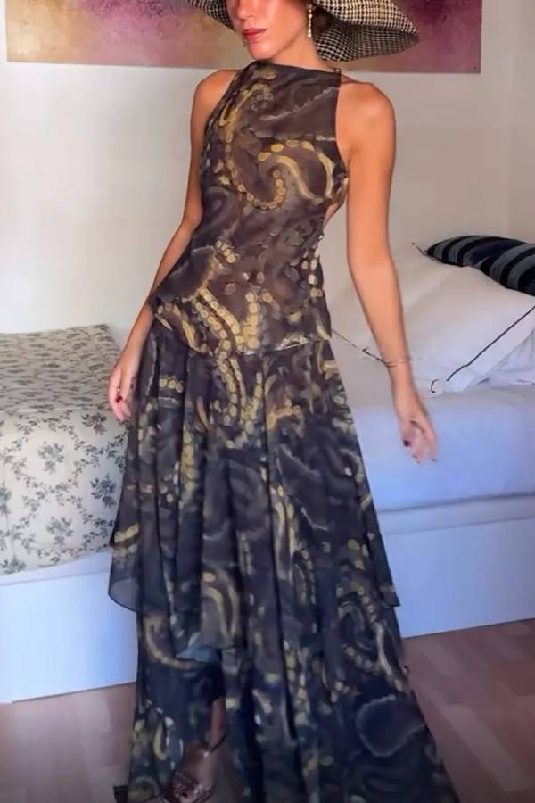 Abstract Print Halter Cutout Maxi Skirt Set