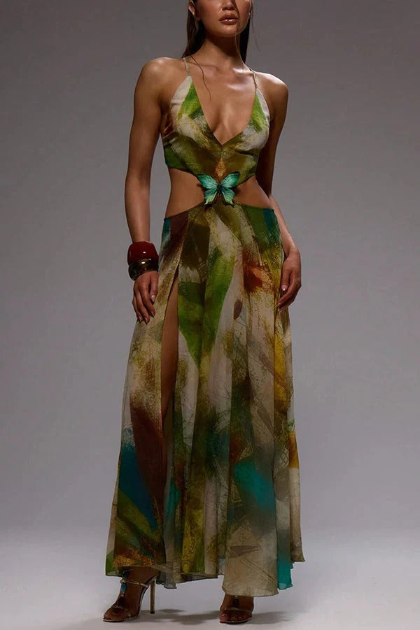 Sexy Maxikleid mit Schmetterlingsverzierung auf der Rückseite und Schnürung und Schlitz für den Urlaub 