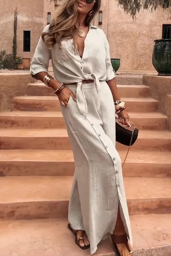 Ensemble chemise boutonnée décontractée à revers de couleur unie et pantalon ample à poches fendues