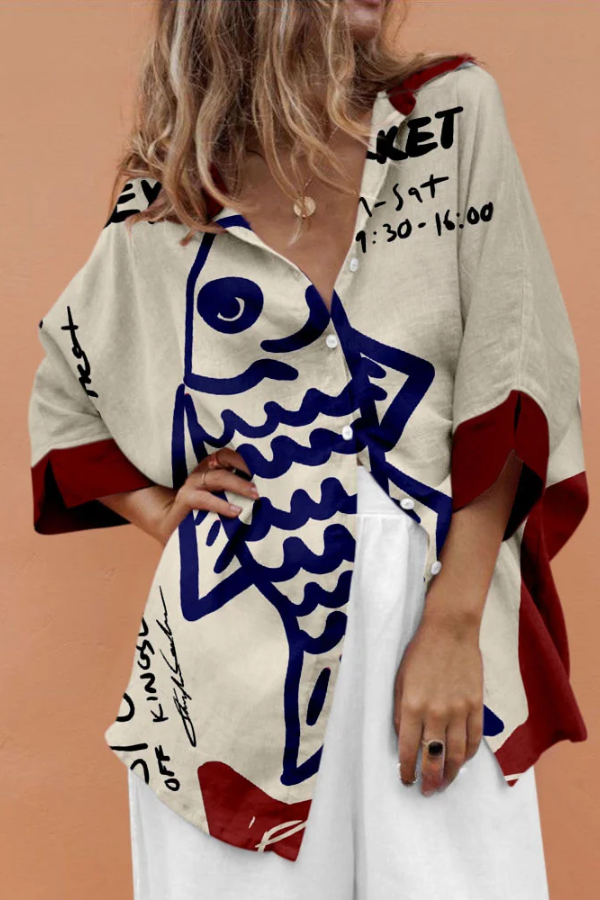 Vintage Abstract Fish Print Shirt White