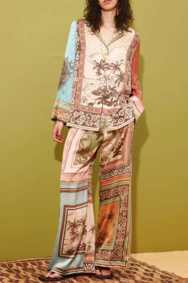 Patchwork Tropical Print Pajama-Style Set