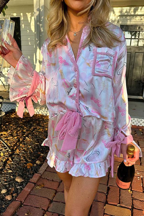 Weekend Retreat Satin Printed Velvet Bows Elastic Waist Pocket Pajama Shorts Set Pink