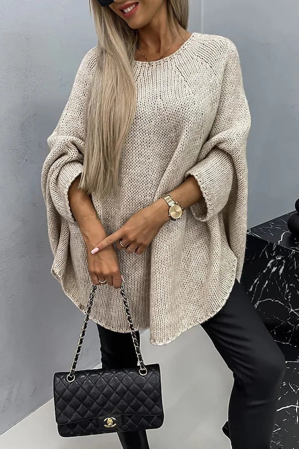 Remember Me Knit Crew Neck Poncho Loose Sweater Beige