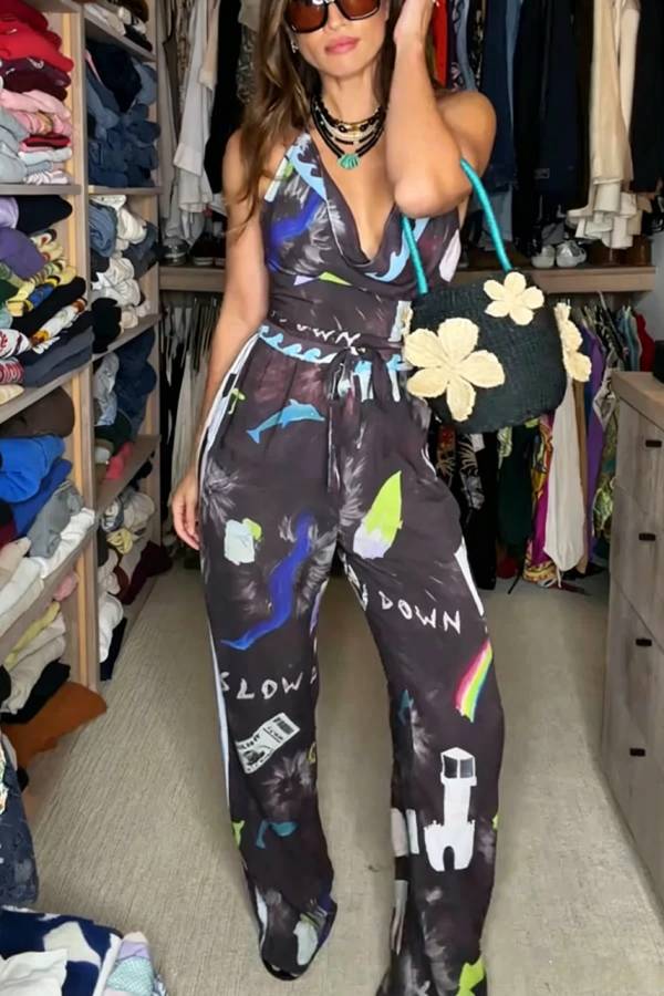 Street-style Print Cowl Neck Halter Tank and Elastic Waist Side Stripes Loose Pants Set