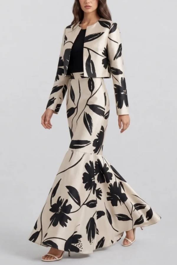 Floral Print Cropped Jacket and High Waisted Mermaid Skirt Two Piece Set