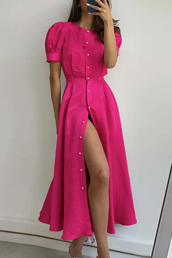 Elegant commuter high waist split mid-length dress Pink