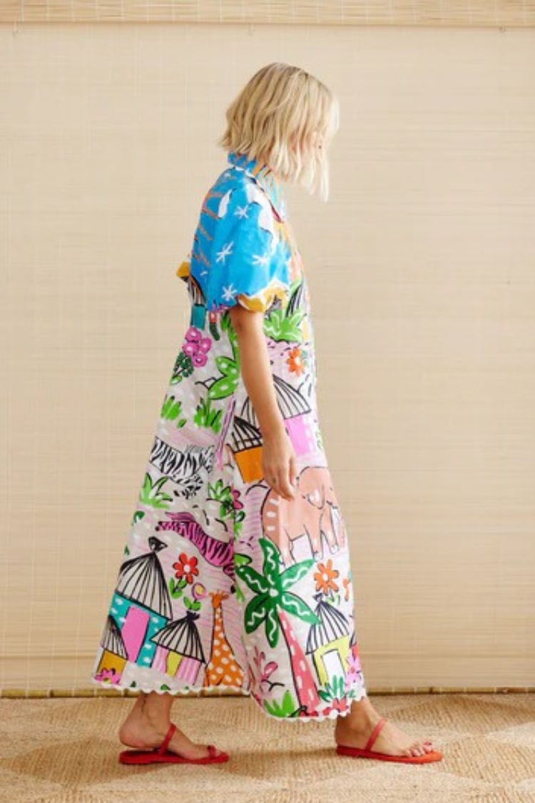 Daliah Unique Printed Wave Lace Puff Sleeves Loose Pocket Maxi Dress