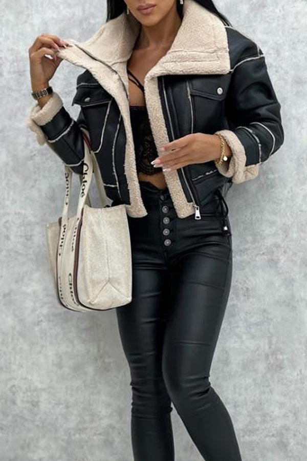 Lambswool short zipper biker jacket Black