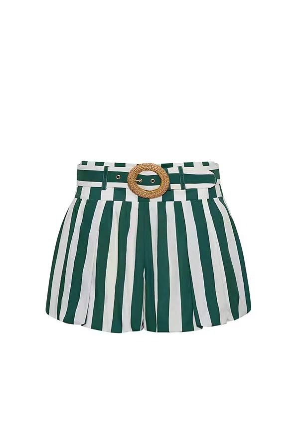 Claudine Striped Heart-shaped Smocked Tank and Raffia Buckle Belted Pocket Bubble Shorts Set