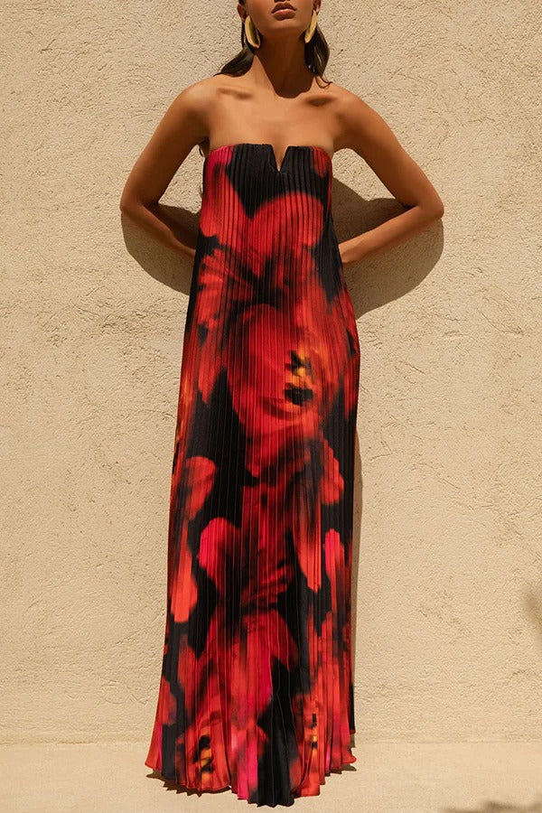 Für jeden Anlass: Satin-Maxikleid mit Plissee und Blumenmuster und V-Bügel-Bandeau-Ausschnitt 