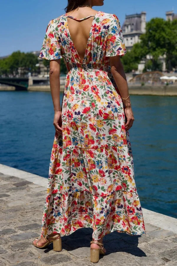 Floral Print V-neck Short-sleeved Elegant Fitted Waist Maxi Dress