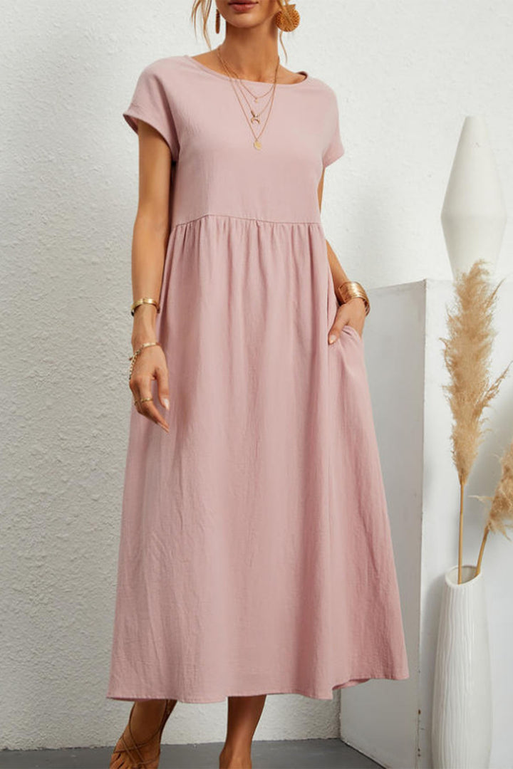 Cotton Linen Solid Short Sleeve Midi Dress Pink