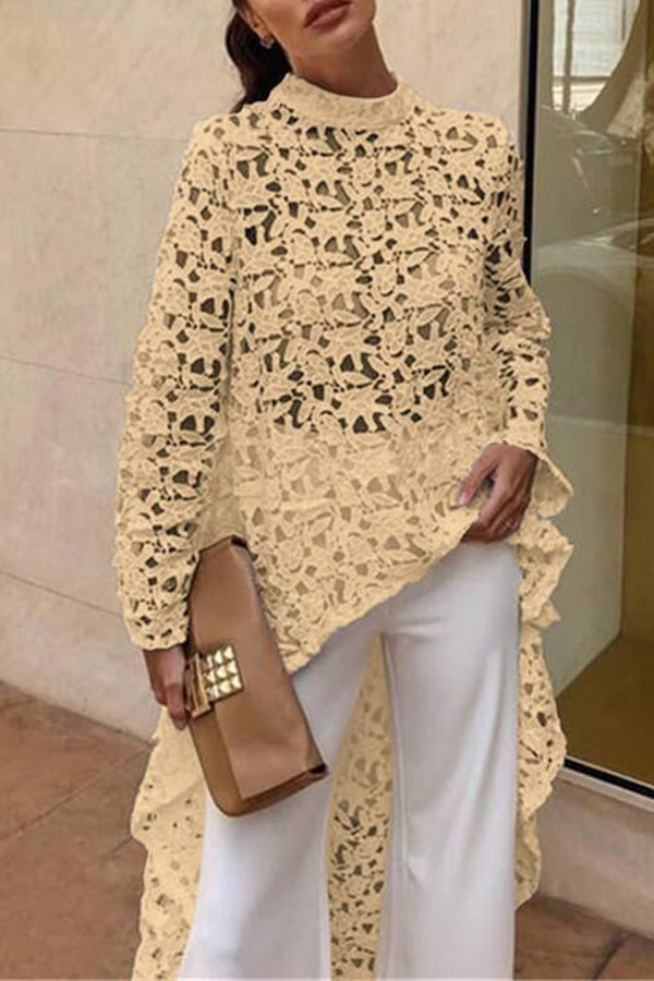 White Crochet Lace Cutout Long Sleeve Top Beige