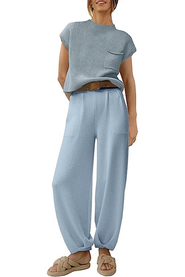 Short Sleeved Knitted Pullover Pleated Harem Pants Lounge Two Piece Set Blue