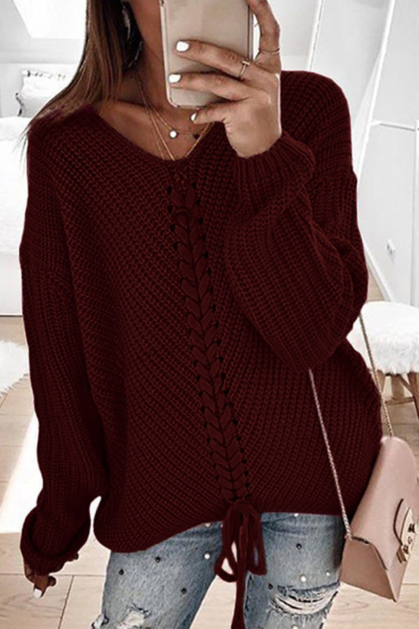 Loose V Neck Drawstring Open Back Pullover Knitted Sweater Claret