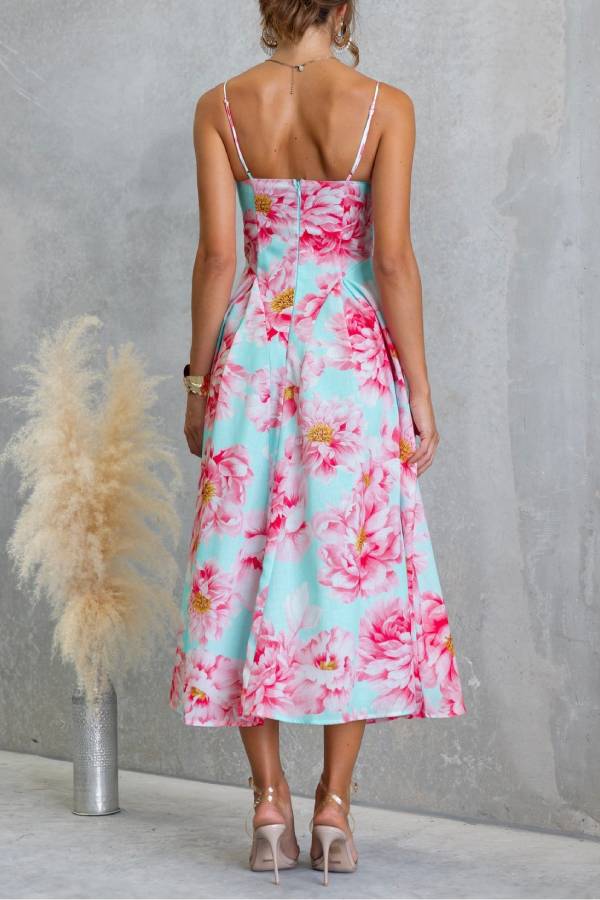 French Floral V-Neck Spaghetti Strap Fit-and-Flare Midi Dress