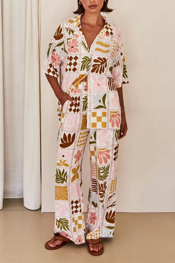 Lapel Printed Loose Top Casual Holiday Set Pink