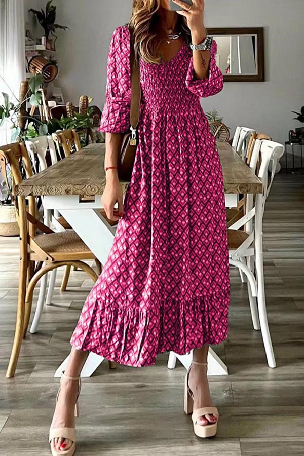 V-neck long skirt waist floral print large swing dress Pink
