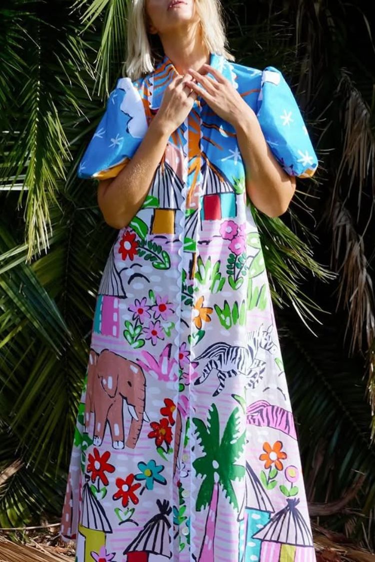 Daliah Unique Printed Wave Lace Puff Sleeves Loose Pocket Maxi Dress Multicolor