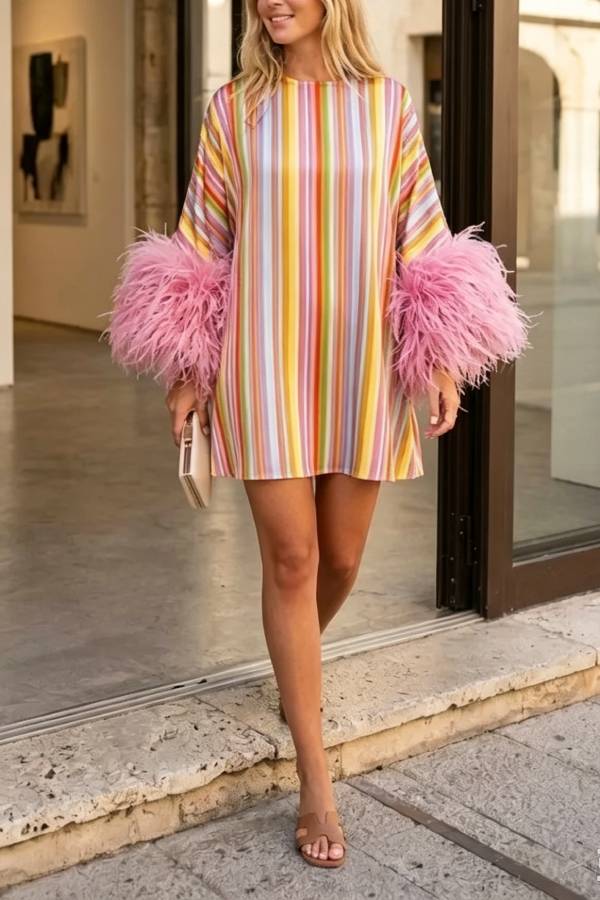 Rainbow Striped Feather Tassel Mini Dress