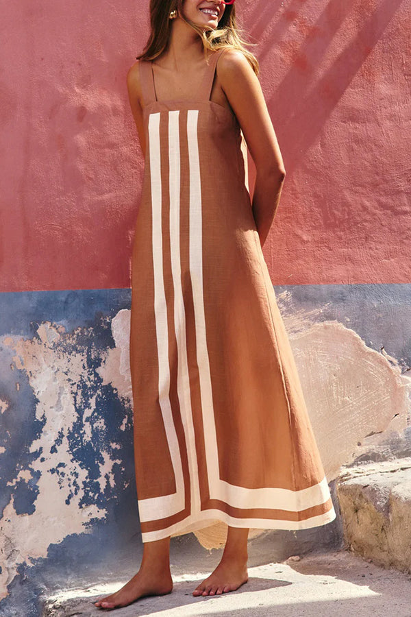 Striped Print Resort Style Casual Sling Maxi Dress Brown