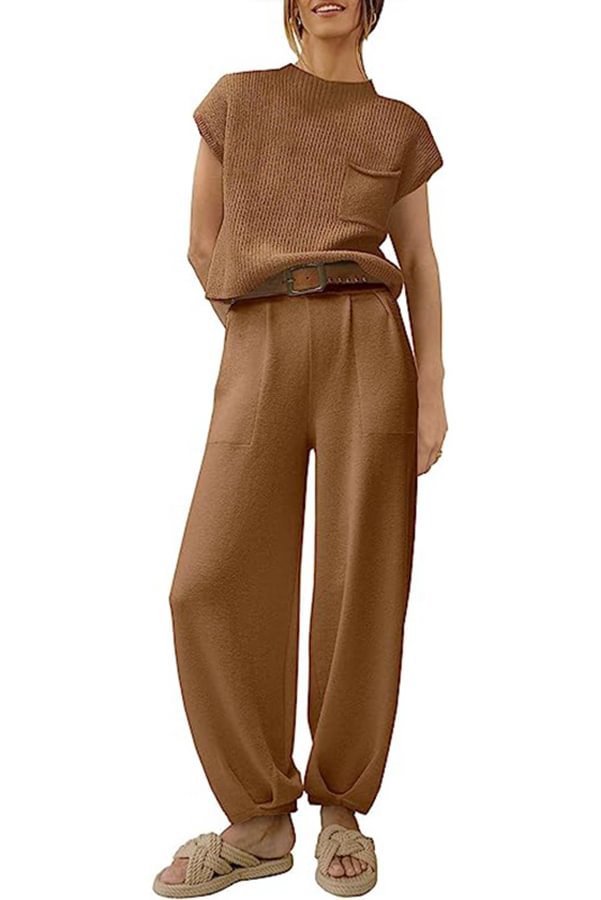 Short Sleeved Knitted Pullover Pleated Harem Pants Lounge Two Piece Set Taupe