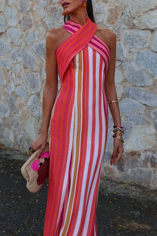 Sunset Breeze Linen Blend Colorful Stripes Cross Halter Flare Maxi Dress