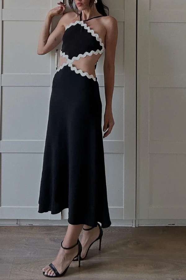 Sexy Hollow Color Contrast Dress Black