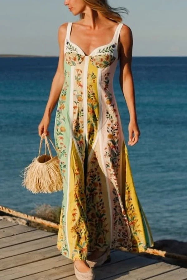 Sweet Garden Linen Blend Color Block Floral Paneled Maxi Dress Yellow