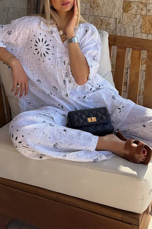 Paisley Print Oversized Shirt & Wide‑Leg Pants Vacation Two‑Piece Set
