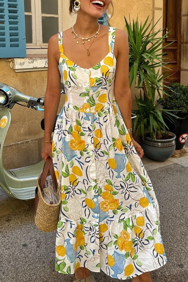 Linen-blend Printed Midi Dress MULTICOLOR