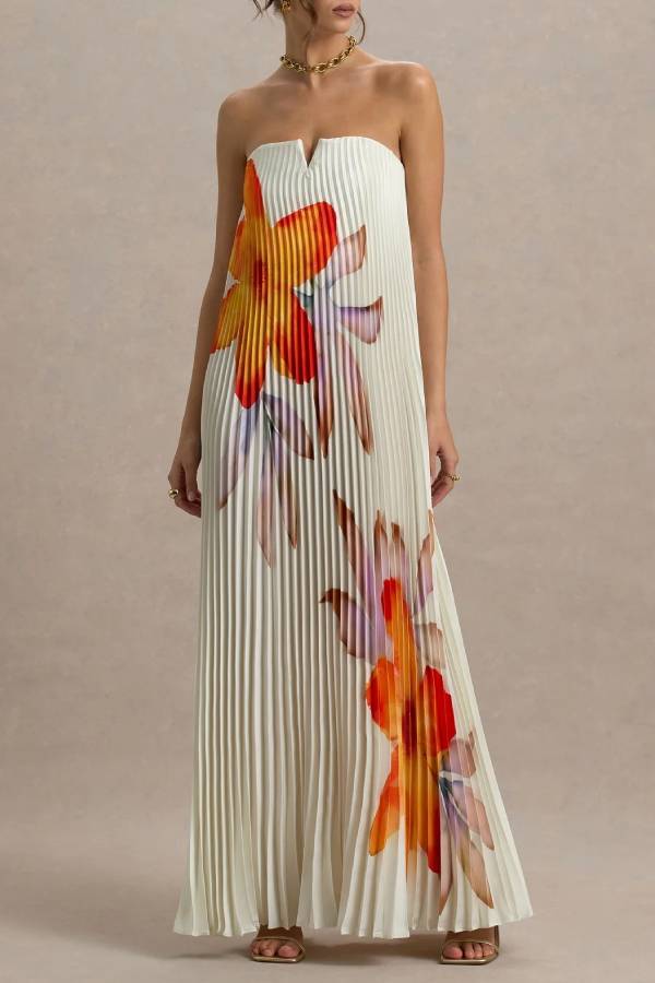 Für jeden Anlass: Satin-Maxikleid mit Plissee und Blumenmuster und V-Bügel-Bandeau-Ausschnitt 