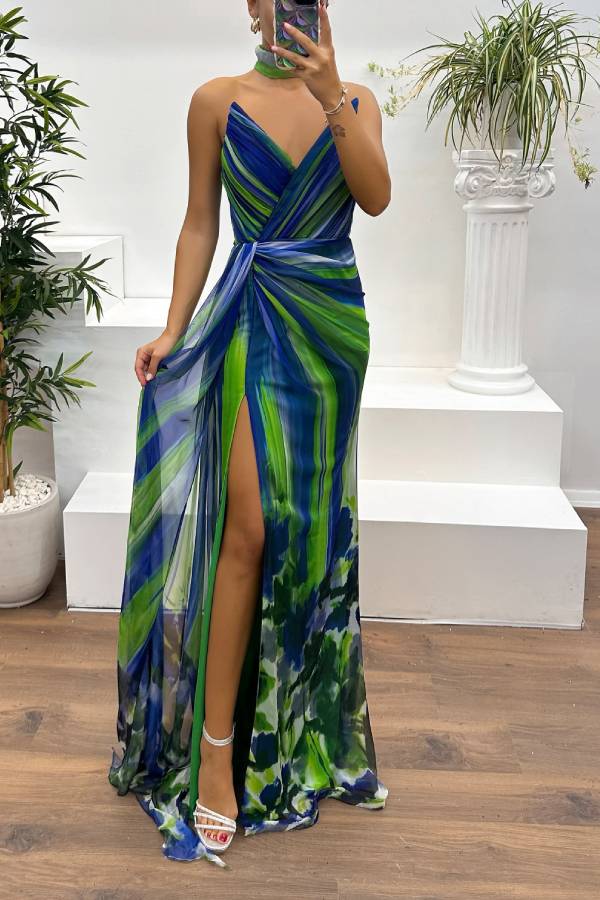 In A Dreamland Chiffon Floral Print Off Shoulder Pleated Scarf Slit Maxi Dress Blue-green
