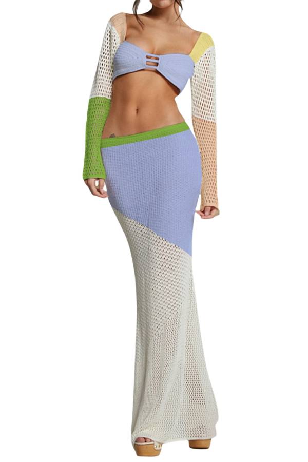 Square Neck Cutout Long Sleeve Crochet Top & Fishtail Skirt Vacation Two-Piece Set