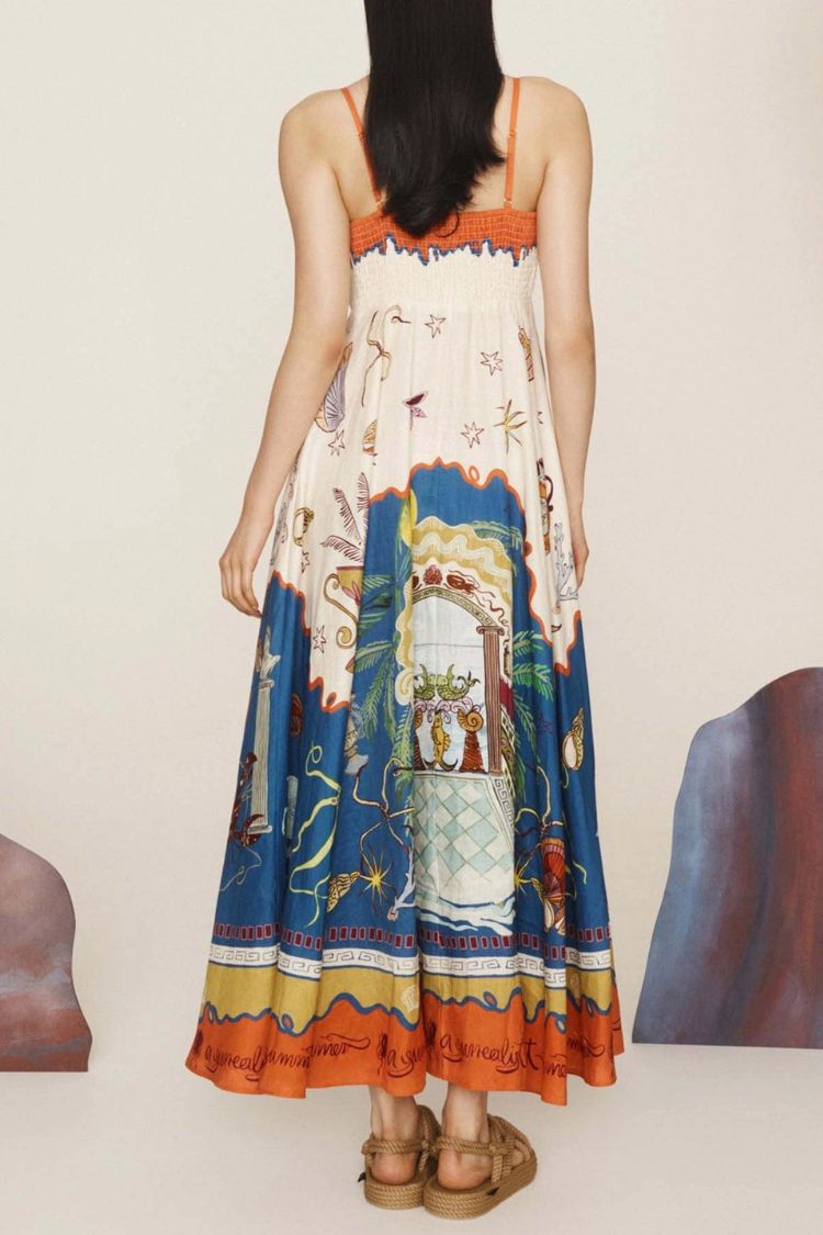 Summer Vacation Dreamy Ocean Print Sling Midi Dress