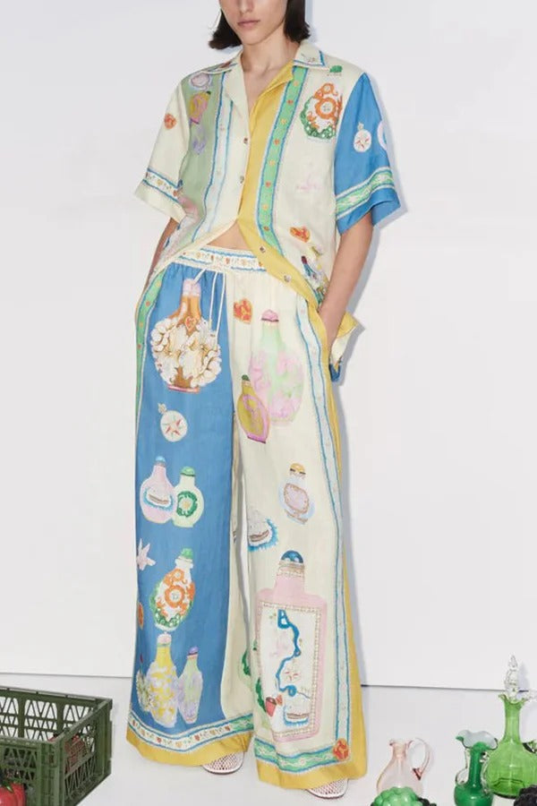 Creating Memories Linen Blend Unique Print Elastic Waist Pocket Wide Leg Pants Blue