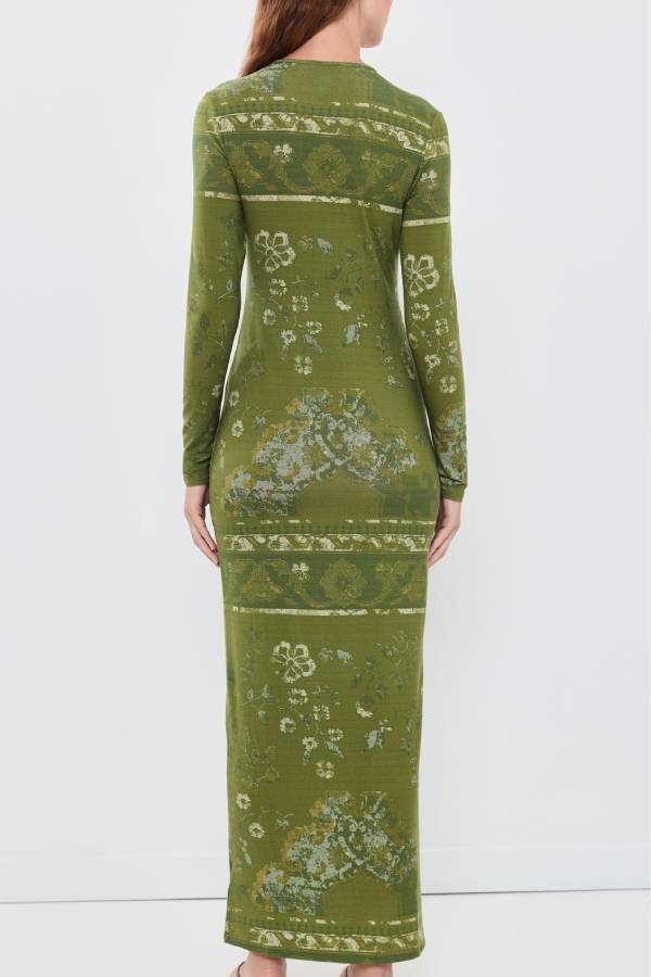 Vintage Botanical Floral Print Long‑Sleeve Fitted Knit Midi Dress