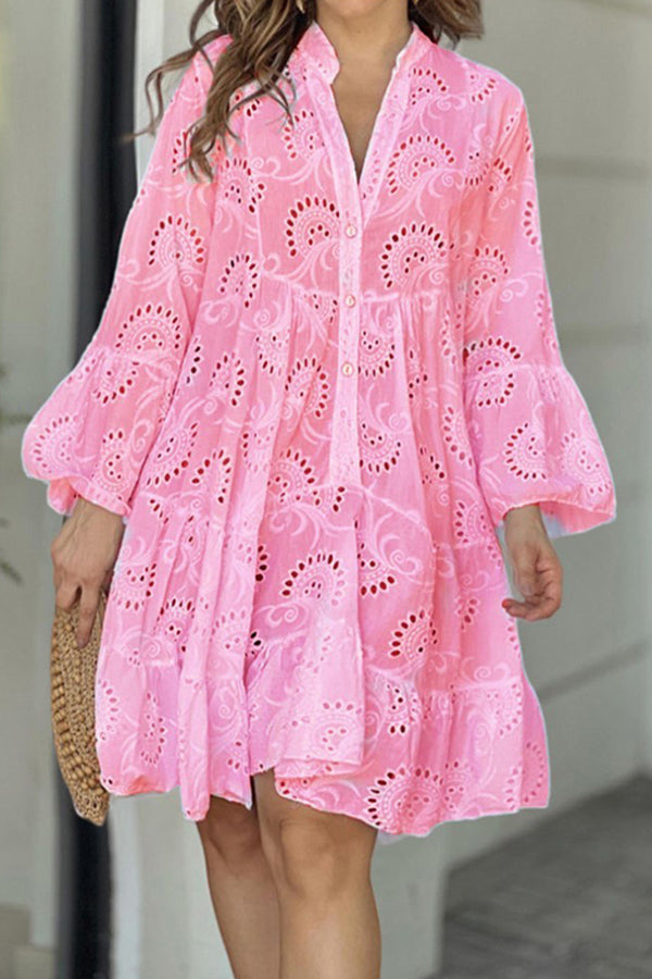 V Neck Embroidered Hollow Lace Flower Mini Dress Pink