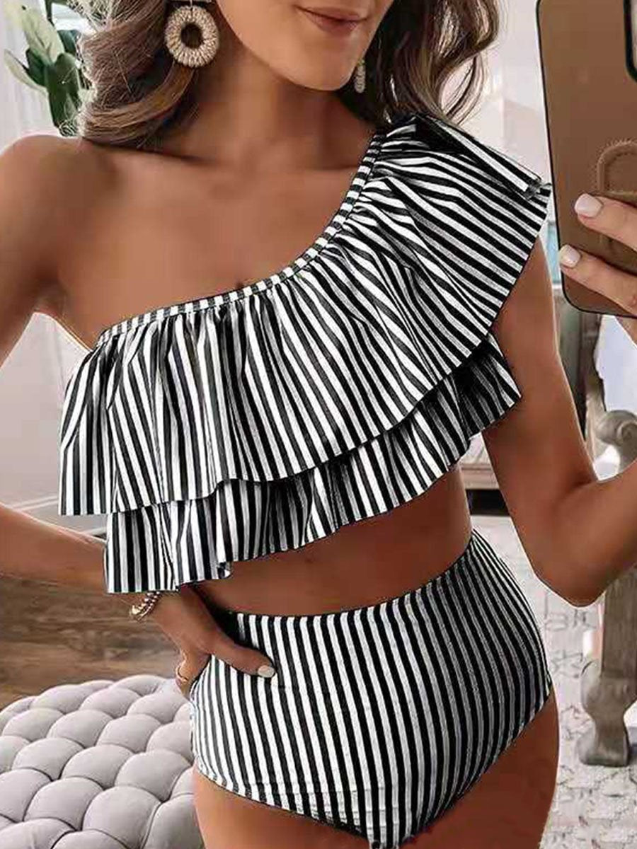 Stripe Printed Ruffle Bikini Black